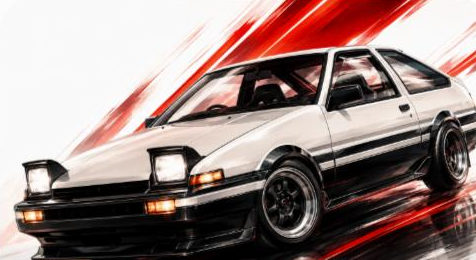 Illustrated Toyota AE86 Corolla Levin/Trueno, JP-Time.Club house-style artwork