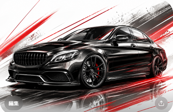 Illustrated Mercedes-AMG performance sedan, JP-Time.Club house-style artwork