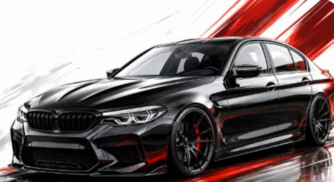 Illustrated BMW M5 performance sedan, JP-Time.Club house-style artwork