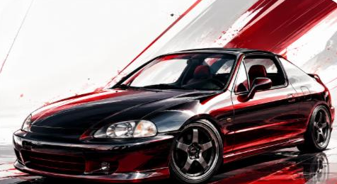 Illustrated Honda CR-X / CR-X del Sol lightweight sport compact, JP-Time.Club house-style artwork