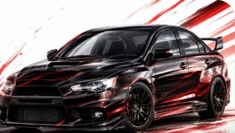 Illustrated Mitsubishi Lancer Evolution X rally sedan, JP-Time.Club house-style artwork