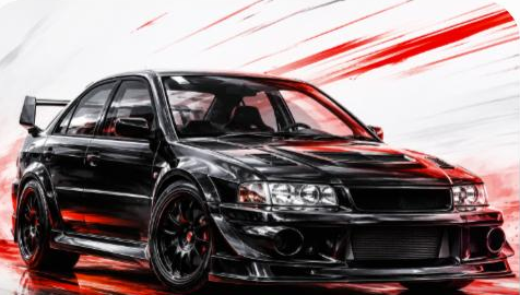 Illustrated Mitsubishi Lancer Evolution IV-IX rally sedan, JP-Time.Club house-style artwork