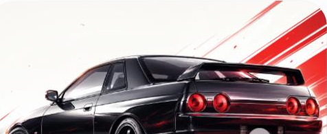 Illustrated Nissan Skyline GT-R R32 sport coupe, JP-Time.Club house-style artwork
