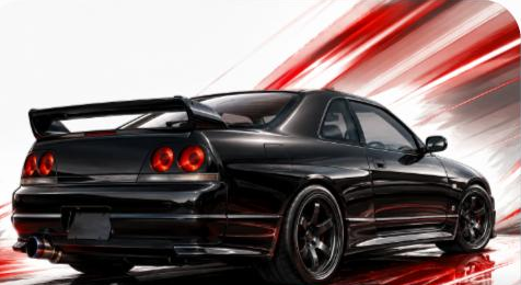 Illustrated Nissan Skyline GT-R R33 sport coupe, JP-Time.Club house-style artwork