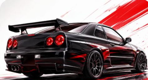 Illustrated Nissan Skyline GT-R R34 sport coupe, JP-Time.Club house-style artwork
