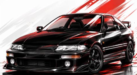 Illustrated Honda Integra Type R DC2 compact sports coupe, JP-Time.Club house-style artwork