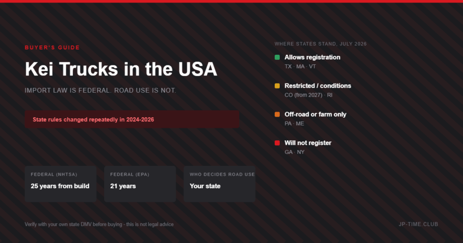 Kei truck US legality: federal 25-year NHTSA rule, 21-year EPA rule, and where each state stands as of July 2026