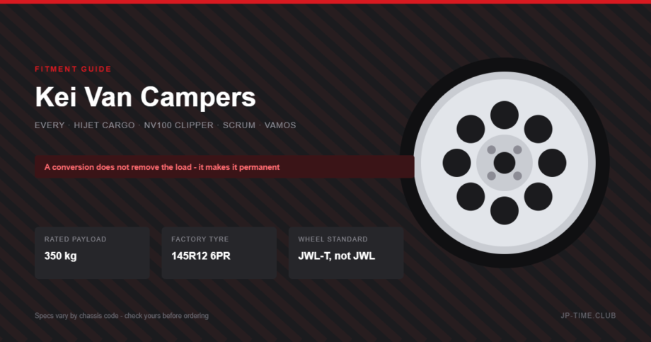 Kei van camper conversion guide: 350kg rated payload, 145R12 6PR factory tyres, and why these wheels are certified JWL-T