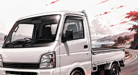 Illustrated Japanese kei mini truck on a coastal road, JP-Time.Club house-style artwork