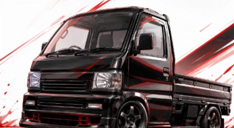 Illustrated Japanese kei-class mini truck, JP-Time.Club house-style artwork