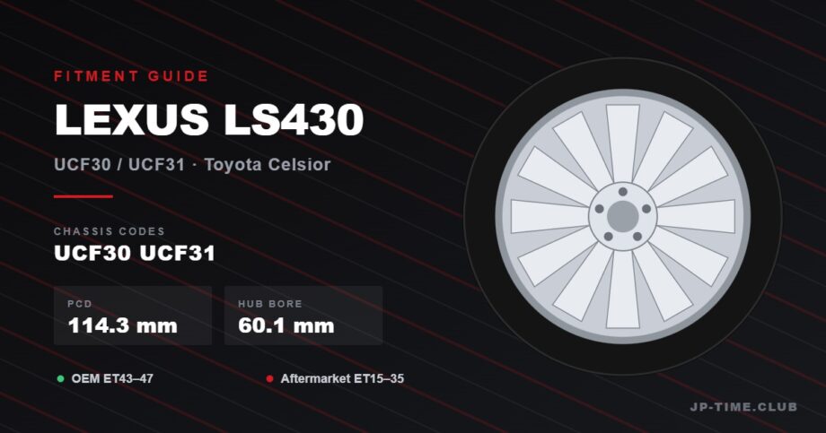 Lexus LS430 and Toyota Celsior wheel fitment guide header: PCD 114.3mm, hub bore 60.1mm, UCF30 and UCF31 chassis, OEM offset ET45