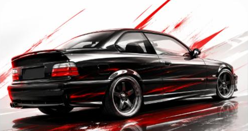 Illustrated BMW M3 E36 sport coupe, JP-Time.Club house-style artwork