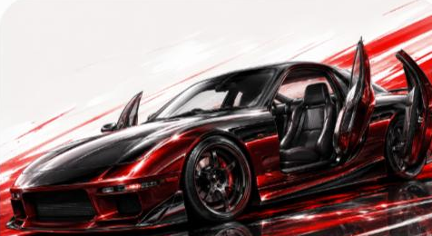 Illustrated Mazda RX-8 rotary sports coupe, JP-Time.Club house-style artwork