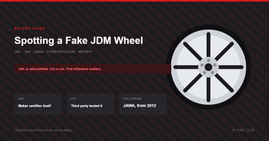 How to spot a fake JDM wheel: what JWL and VIA actually prove, the JAWA hologram from 2012, and the limits of weight and visual checks