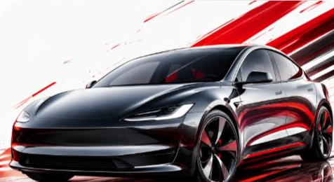 Illustrated Tesla Model S/Model 3 electric sedan, JP-Time.Club house-style artwork