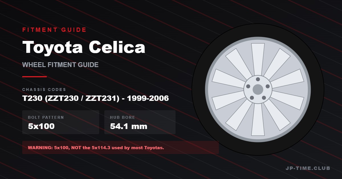 Toyota Celica T230 wheel fitment guide - 5x100 bolt pattern, 54.1mm hub bore