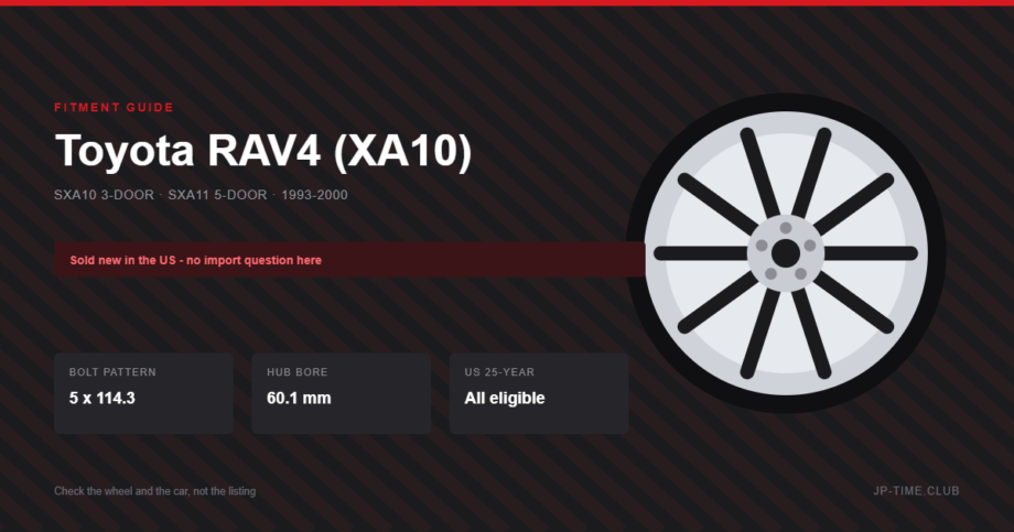First generation Toyota RAV4 wheel fitment guide: 5x114.3 bolt pattern, 60.1mm hub bore, 16 inch factory wheels