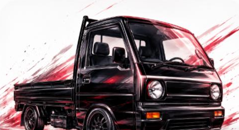 Illustrated Subaru Sambar kei mini truck, JP-Time.Club house-style artwork