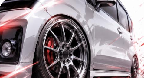 Illustrated JDM alloy wheel close-up on a kei car, JP-Time.Club house-style artwork