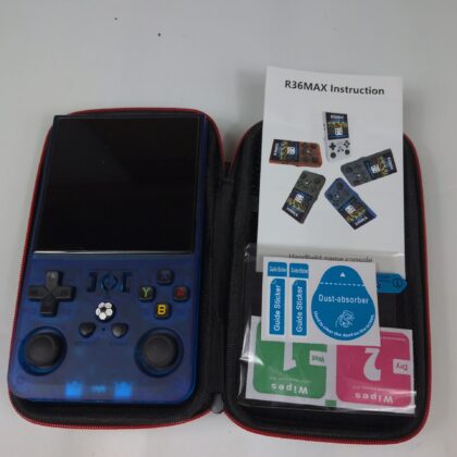 R36 MAX Handheld Retro Game Console Translucent Blue with Case Manual