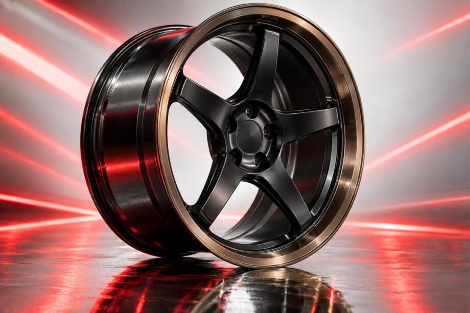 Black forged five-spoke wheel with a bronze outer lip on a glossy floor with red light streaks