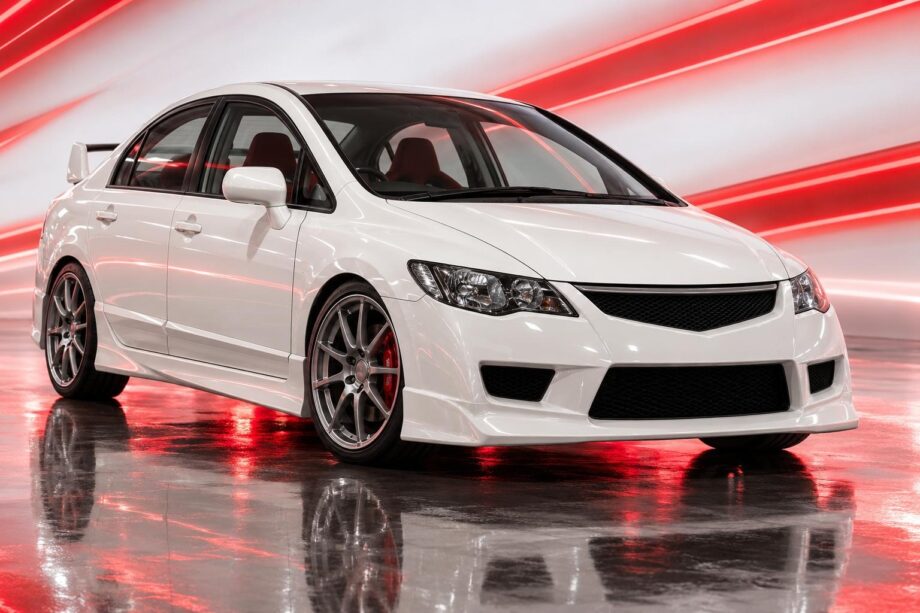 White Honda Civic Type R FD2 sedan in a studio with red light streaks
