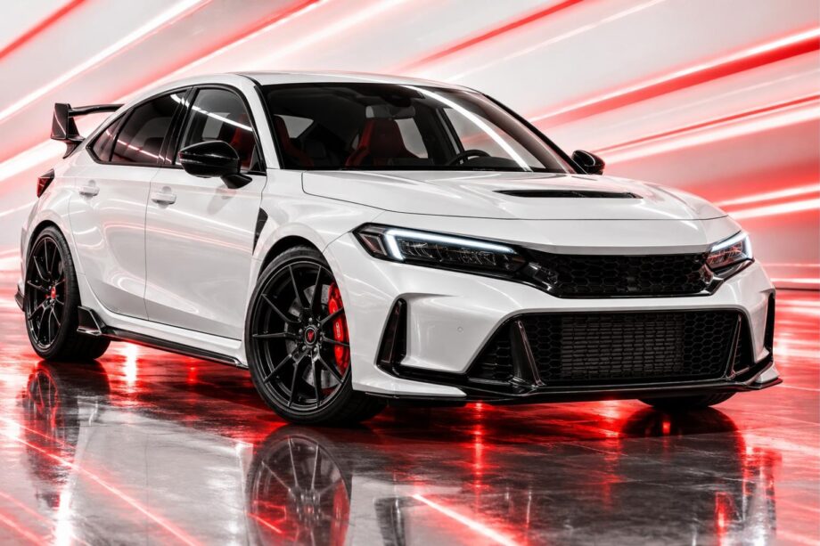White Honda Civic Type R FL5 in a studio with red light streaks