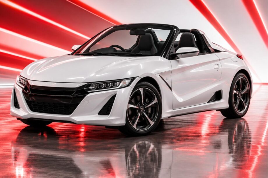 White Honda S660 open sports car in a studio with red light streaks
