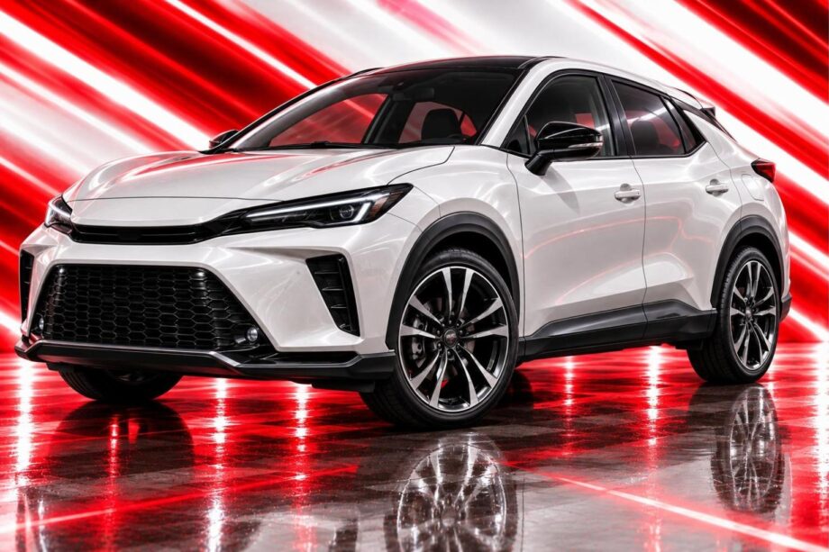 White compact crossover SUV on a glossy reflective floor with diagonal red light streaks on a white background