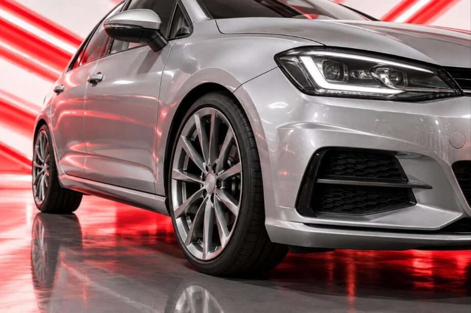 Close view of a silver hatchback front wheel and tyre sitting flush under the fender, against diagonal red light streaks