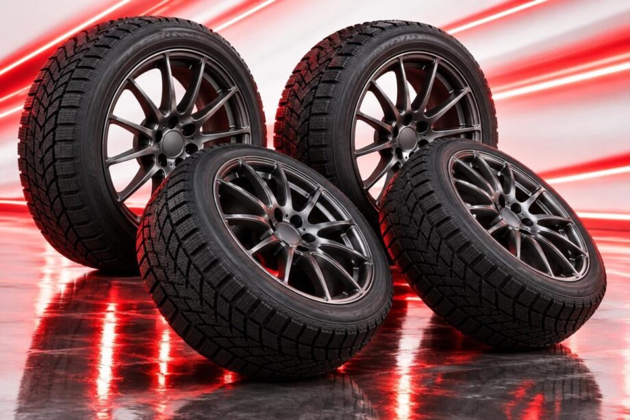 Four matching gunmetal alloy wheels fitted with black winter tyres on a glossy floor with red light streaks