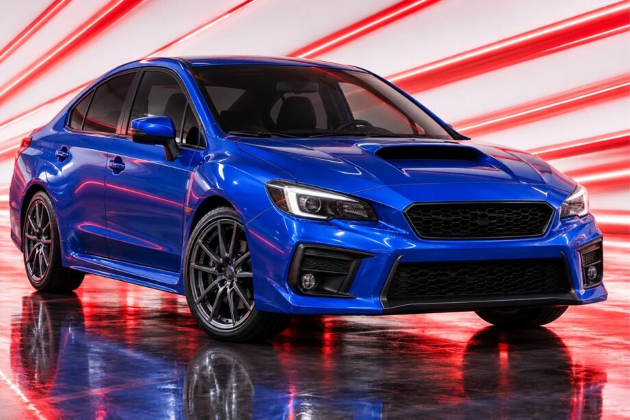 Blue Subaru WRX S4 in a studio with red light streaks