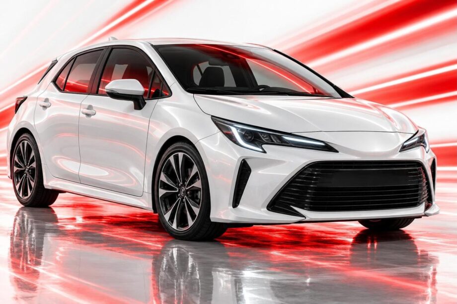 White compact hatchback on a glossy studio floor with diagonal red light streaks