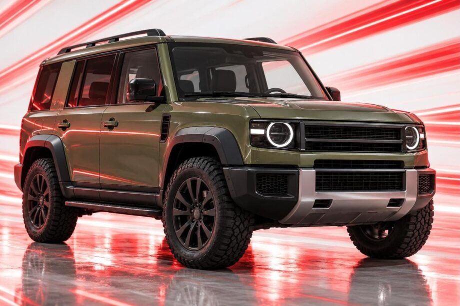Khaki-green off-road SUV on a glossy studio floor with diagonal red light streaks