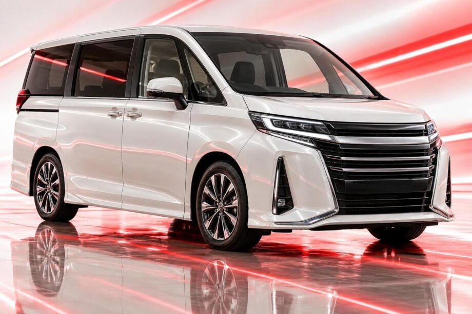 Pearl-white family minivan on a glossy studio floor with diagonal red light streaks